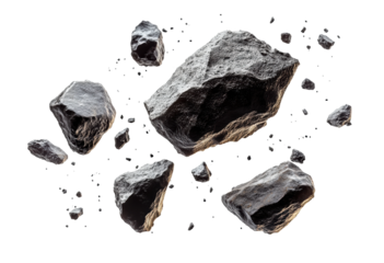 Floating rocky debris with rugged texture, scattered stone fragments for fantasy or space settings, detailed asteroid elements isolated on transparent background
