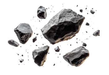 Fototapete Floating rocky debris with rugged texture, scattered stone fragments for fantasy or space settings, detailed asteroid elements isolated on transparent background ©  Dreamy Shots