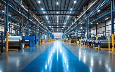 Industrial warehouse with rows of large steel rolls, in a contemporary manufacturing facility with hightech machinery and bright, even lighting