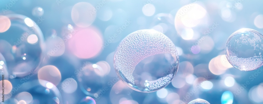 Poster bubbles rise gently in a luminous setting, creating a dreamy atmosphere with colorful soft reflectio