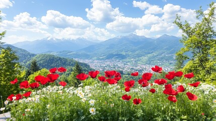 Alpine Meadow Panorama Red Poppies and Majestic Peaks