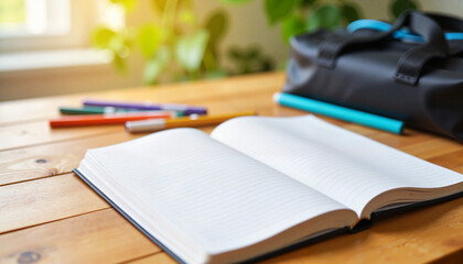 Naklejka premium Open notebook with scattered stationery on study table, homework vibes