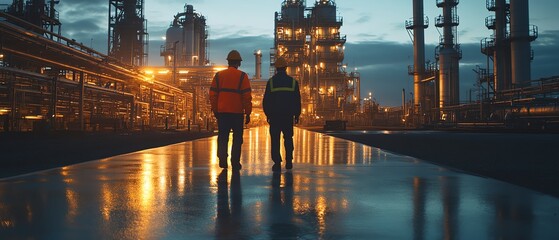 Industrial workers walking through a modern oil refinery at dusk, with illuminated machinery and intricate pipelines glowing in the fading light