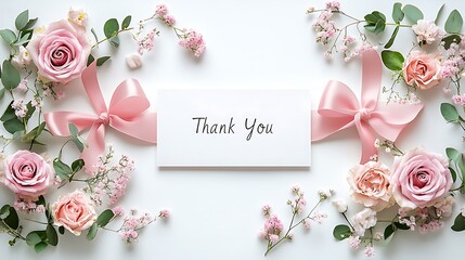 Flatlay of a handwritten Thank You note on a clean white background surrounded by soft pastel flowers and ribbon accents