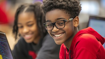 Obraz premium Boy smiling, coding class, computer lab, girl background, education