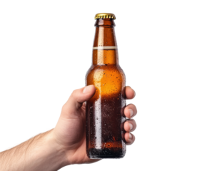 Cold beer bottle with condensation held in male hand, refreshing alcoholic beverage for summer, drinks, or bar themes isolated on transparent background