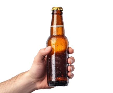 Cold beer bottle with condensation held in male hand, refreshing alcoholic beverage for summer, drinks, or bar themes isolated on transparent background