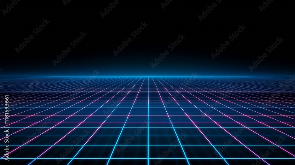 Poster retro futuristic neon grid with endless perspective evoking 1980s aesthetic digital design : generat