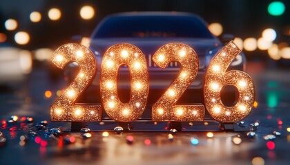 Obraz premium New Year s Eve 2026 Celebration Festive Illuminated Numbers Against Blurry City Lights Background
