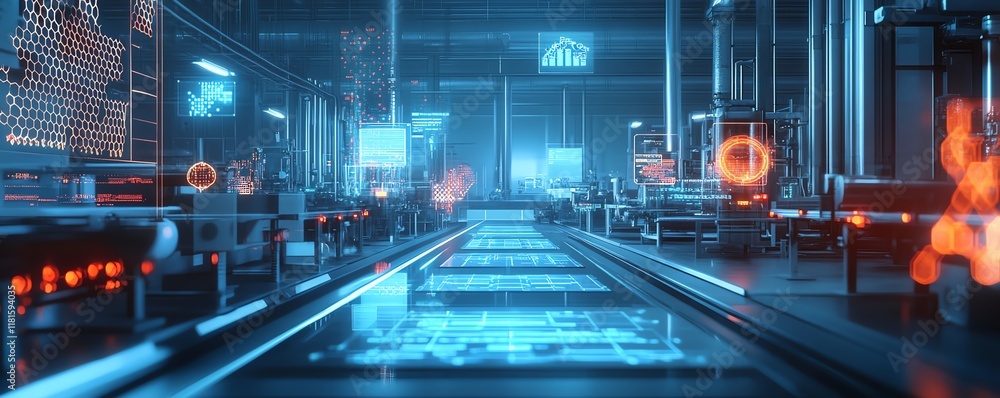 Poster Modern factory with a hightech automated production line, complete with digital interfaces and futuristic machines for precision and efficiency