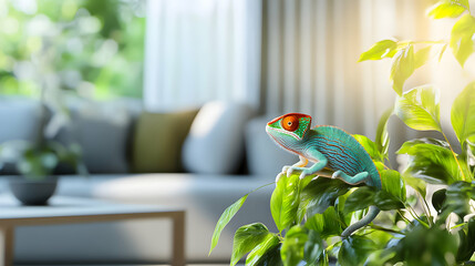 Colorful chameleon resting on green leaves in a bright modern living room with natural light streaming in