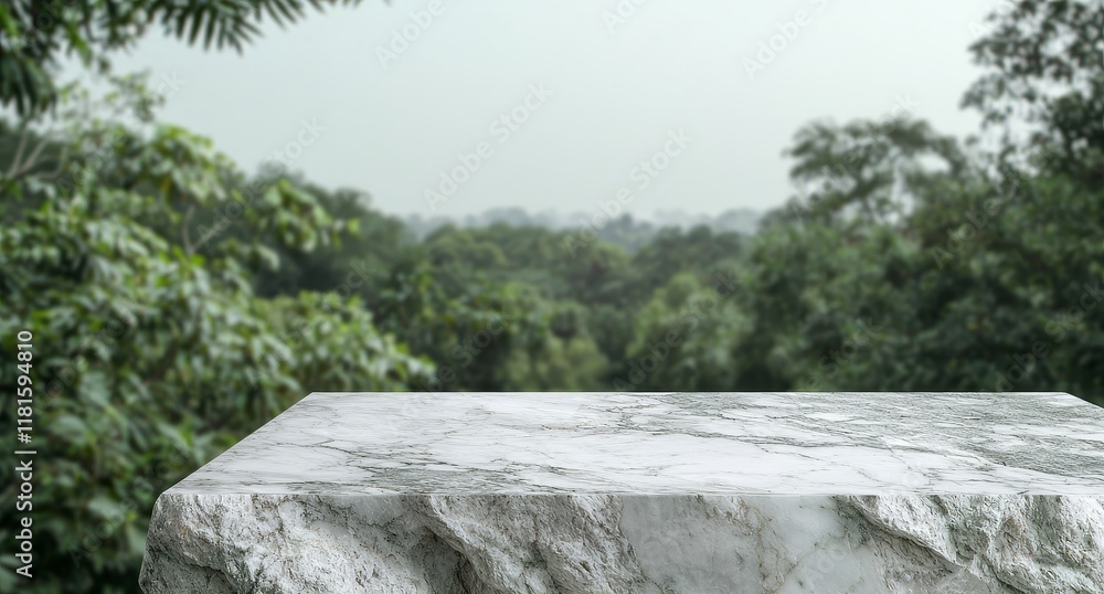 Poster elegant product display with a marble top against a blurred large window and a fresh garden in the b