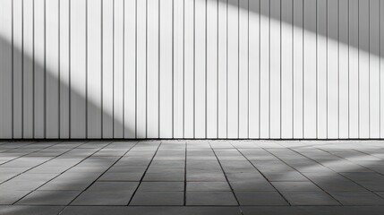 Fototapeta premium Minimalist White Vertical Metal Siding and Gray Tiled Floor with Dramatic Light and Shadow