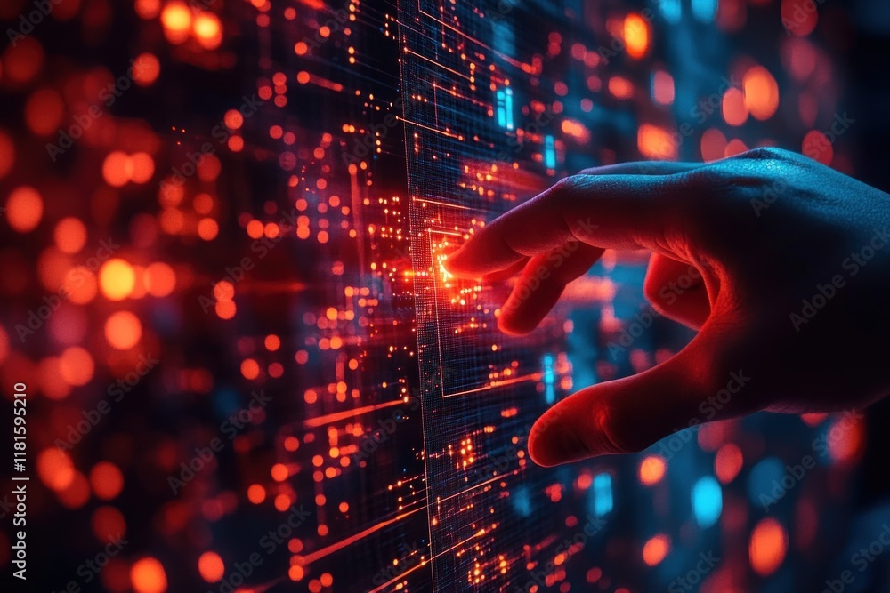 Poster a hand reaches out to touch a glowing interface filled with bright patterns and data in a modern tec