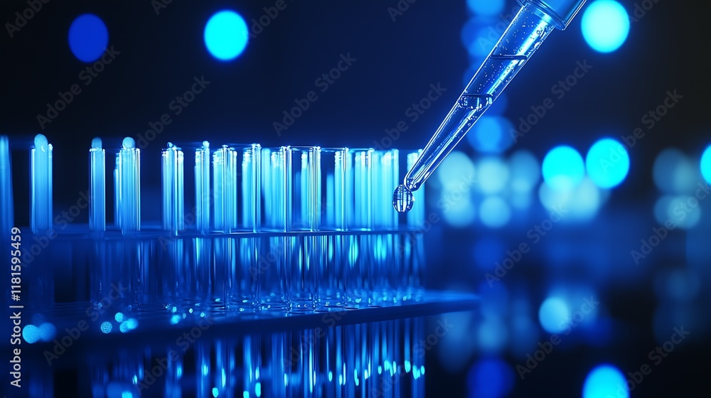 Poster scientific experiment with pipette dripping into neon lit blue laboratory test tubes : generative ai