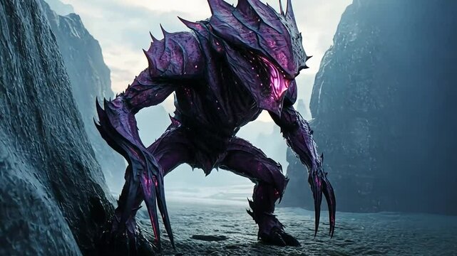 A towering alien creature with glowing purple accents standing in a desolate, misty canyon.