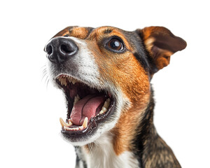 Excited barking dog showing teeth, animated closeup portrait of a small energetic pet, expressive face, playful and loyal companion isolated on transparent background