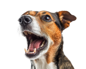 Excited barking dog showing teeth, animated closeup portrait of a small energetic pet, expressive face, playful and loyal companion isolated on transparent background
