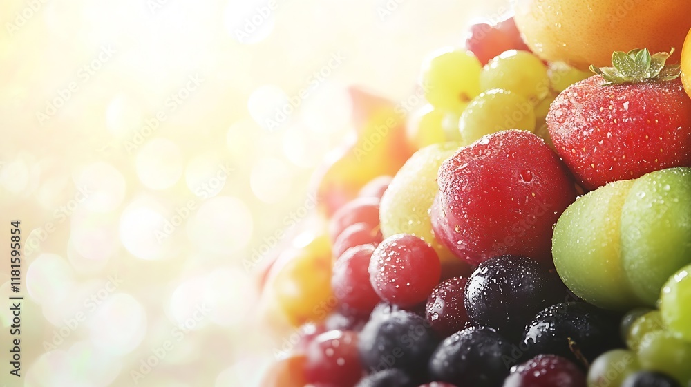 Aufkleber vibrant assortment of dew-kissed fruits in soft morning sunlight surrounded by bokeh reflections : g