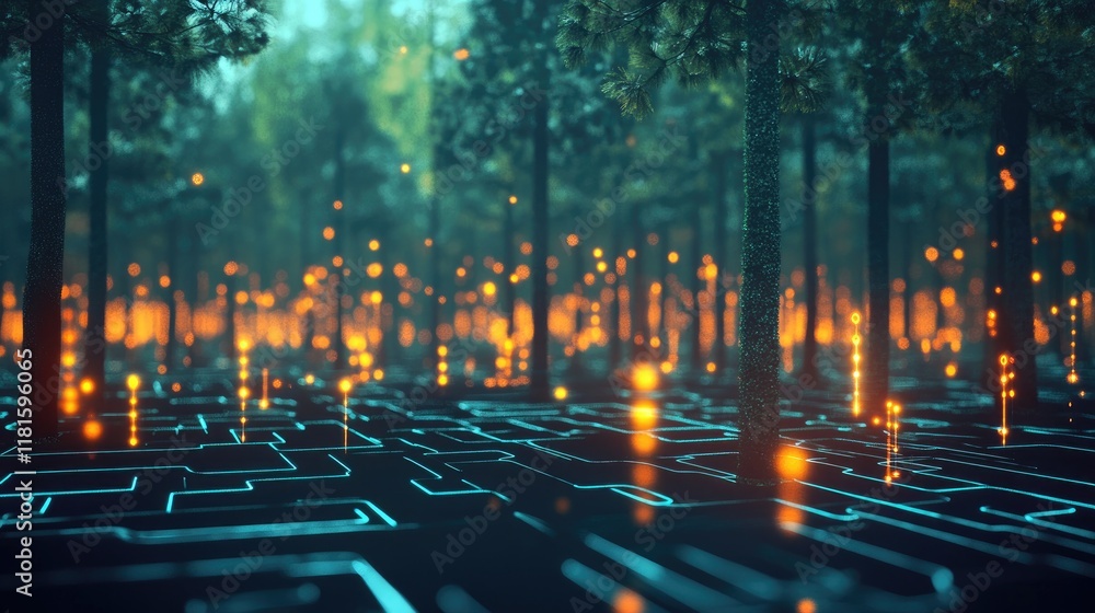 Aufkleber enchanted forest with glowing circuit patterns and digital lights