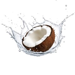 A half coconut water splash on white background