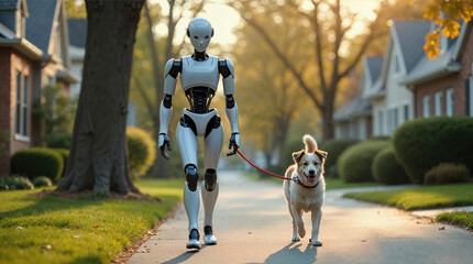 Humanoid android walking a dog on a leash in a suburban neighborhood. Futuristic concept of progress and innovation