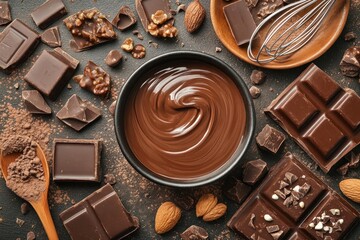 Melted chocolate swirls in a bowl, surrounded by different types of chocolate and almonds, creating a rich and indulgent setup