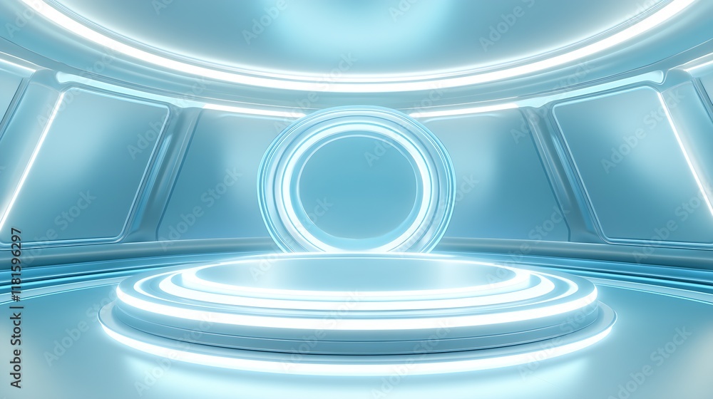 Poster modern sci-fi interior with blue circular platform highlighting futuristic design : generative ai