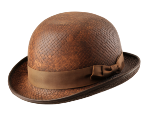 Classic brown felt bowler hat with black ribbon, vintage fashion accessory for men or women, retro headwear style for elegant outfits, isolated on transparent background