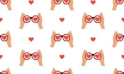 Hands hold binoculars with hearts seamless pattern. Looking for love, search for soul mate concept. Romantic symbol. Valentine's day background. Flat Vector illustration