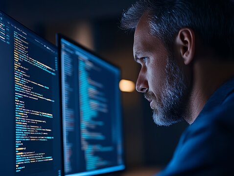 Focused programmer working at computer screen.