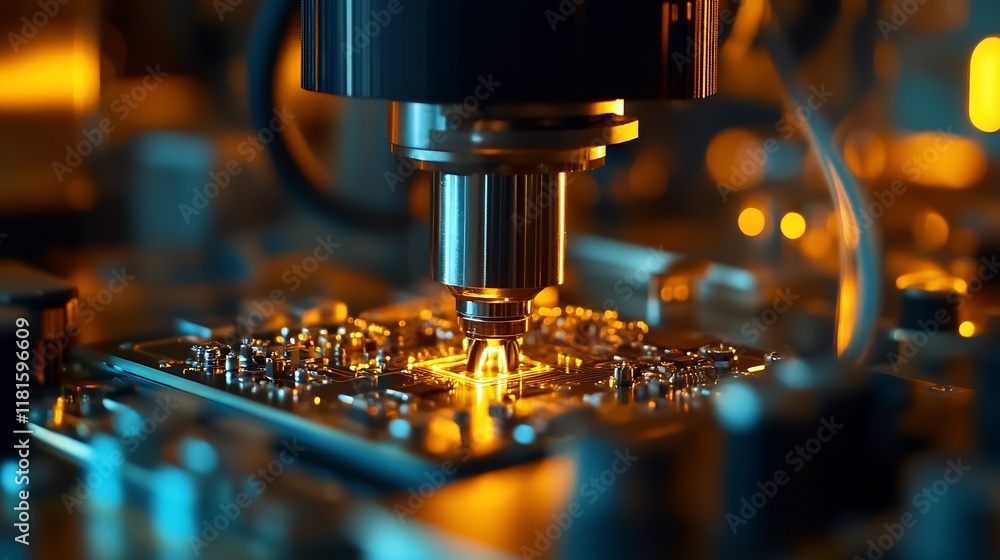 Poster advanced industrial robot welding machine in factory with metal spark effects : generative ai