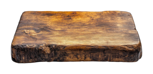 Old rustic wooden chopping block with dark texture, vintage cutting board, weathered kitchen surface, aged wood, and farmhouse culinary decor isolated on transparent background