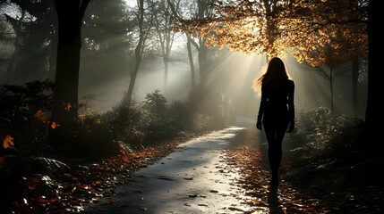 Fototapeta premium Silhouette Walks Path in Forest with Sunlight and Fog Beautifully