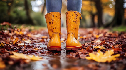 Yellow Boots Walking Through Autumn Leaves on Rainy Day in Forest