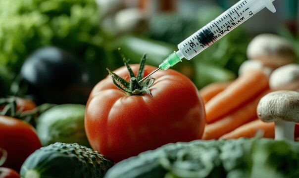 A plump red tomato is being injected with green liquid using a syringe amid a colorful assortment of fresh vegetables. Concept of GMO and genetically modified foods