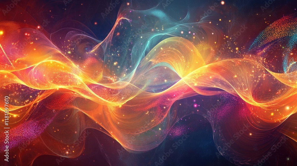 Aufkleber colorful abstract flowing waves with light and sparkles in background