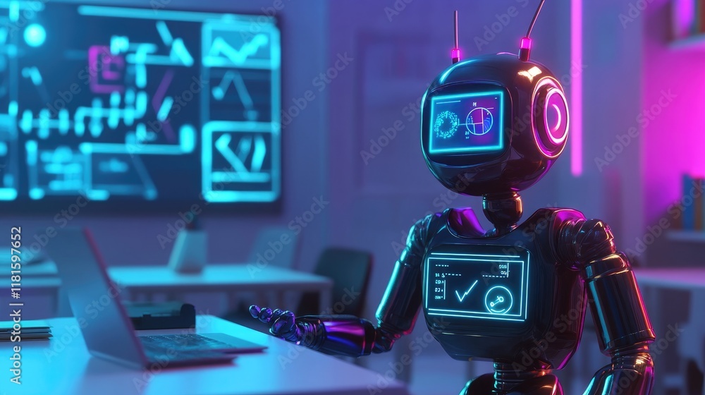Aufkleber futuristic robot assistant analyzing data in neon office environment