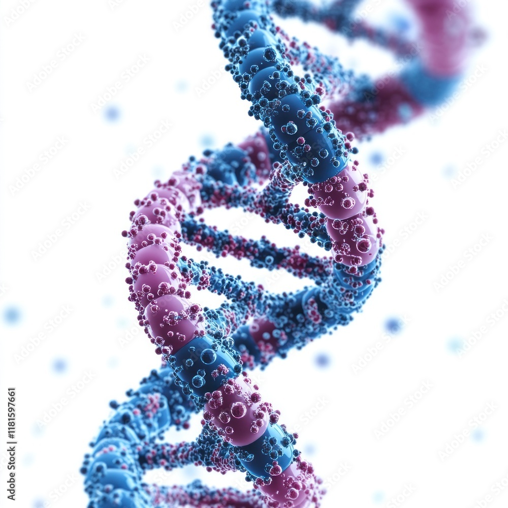 Poster simplified dna helix design features intricate patterns of blue and pink components against a white 