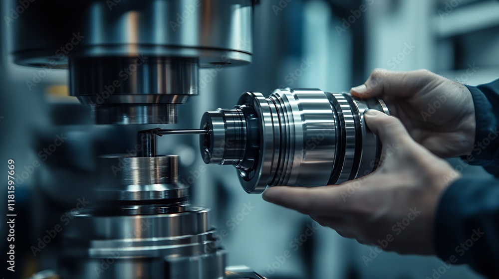 Aufkleber Close-Up of Precision Metalwork with Expert Hands on Lathe Machine : Generative AI