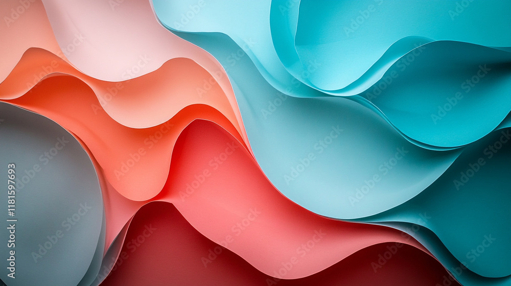Poster fluid waves of colorful paper create a vibrant abstract art piece with soft curves