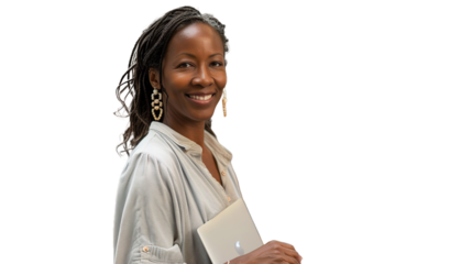 smiling woman and tab wearing jacket with folded hands on chest without erased background transparent background