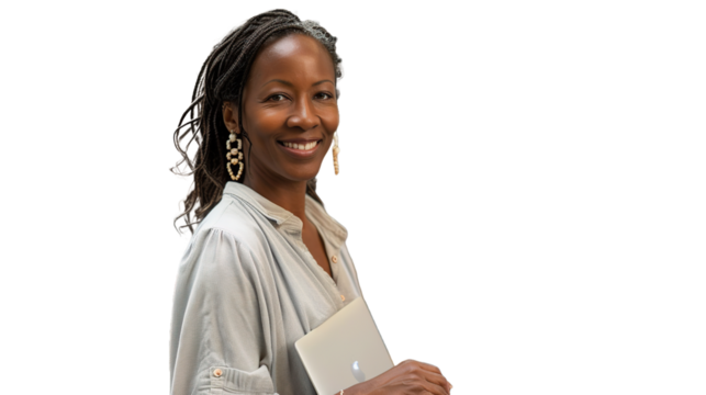 smiling woman and tab wearing jacket with folded hands on chest without erased background transparent background