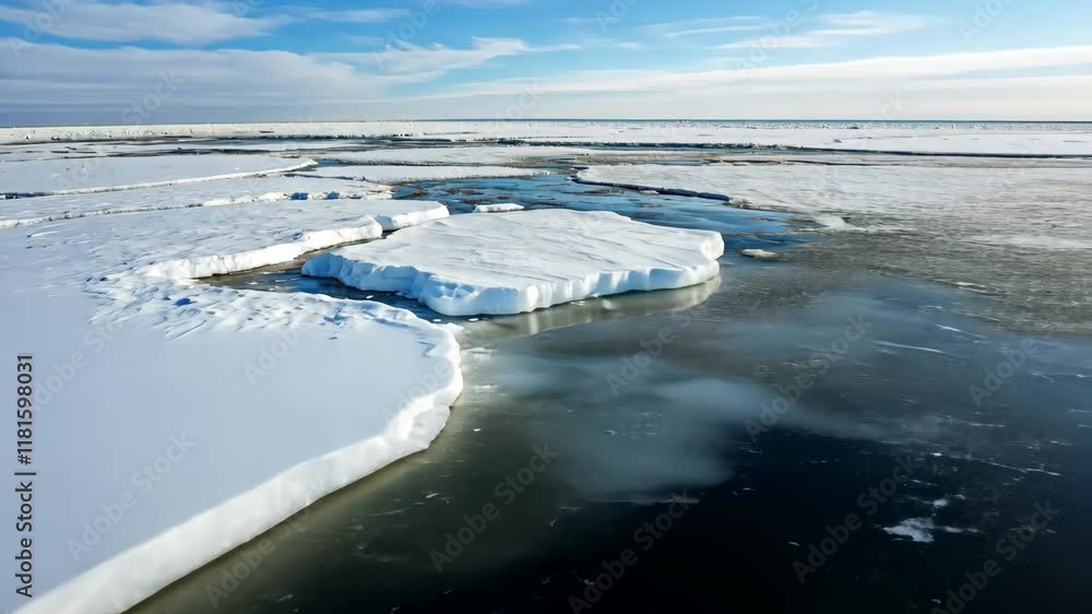 Poster a large ice block sits on the surface of a frozen lake. the ice is surrounded by a vast expanse of s