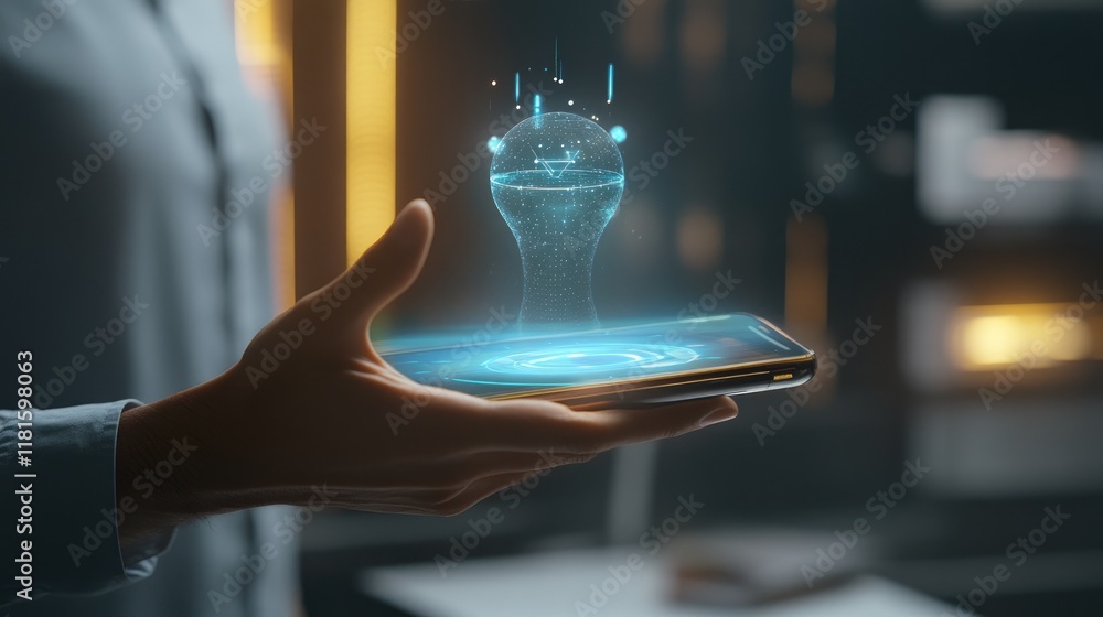 Aufkleber holographic interface displayed above smartphone in modern setting