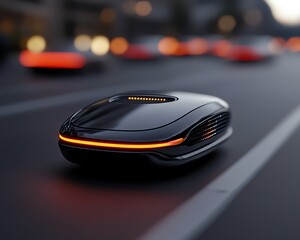 Futuristic autonomous vehicle on urban street.