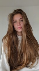 Fototapeta premium Portrait of a young girl with long blonde hair and freckles on her face. Great for advertising cosmetics, fashion blogs and articles about youth fashion.