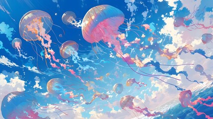 Whimsical anime-inspired depiction of vibrant jellyfish floating gracefully