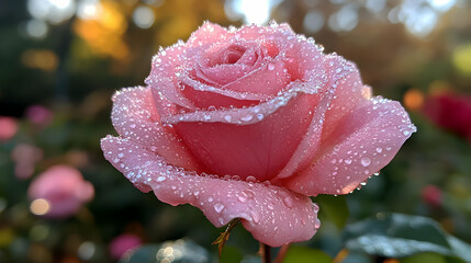 Obraz premium Pink Rose Glistens with Dewdrops in Soft Morning Light