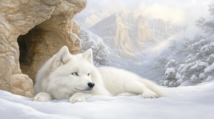Obraz premium Arctic Wolf Resting in Winter Mountain Cave